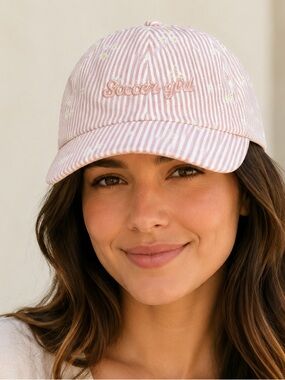 NWT I Am Soccer Girl Pink Striped Floral Daisy Baseball Cap Adjustable